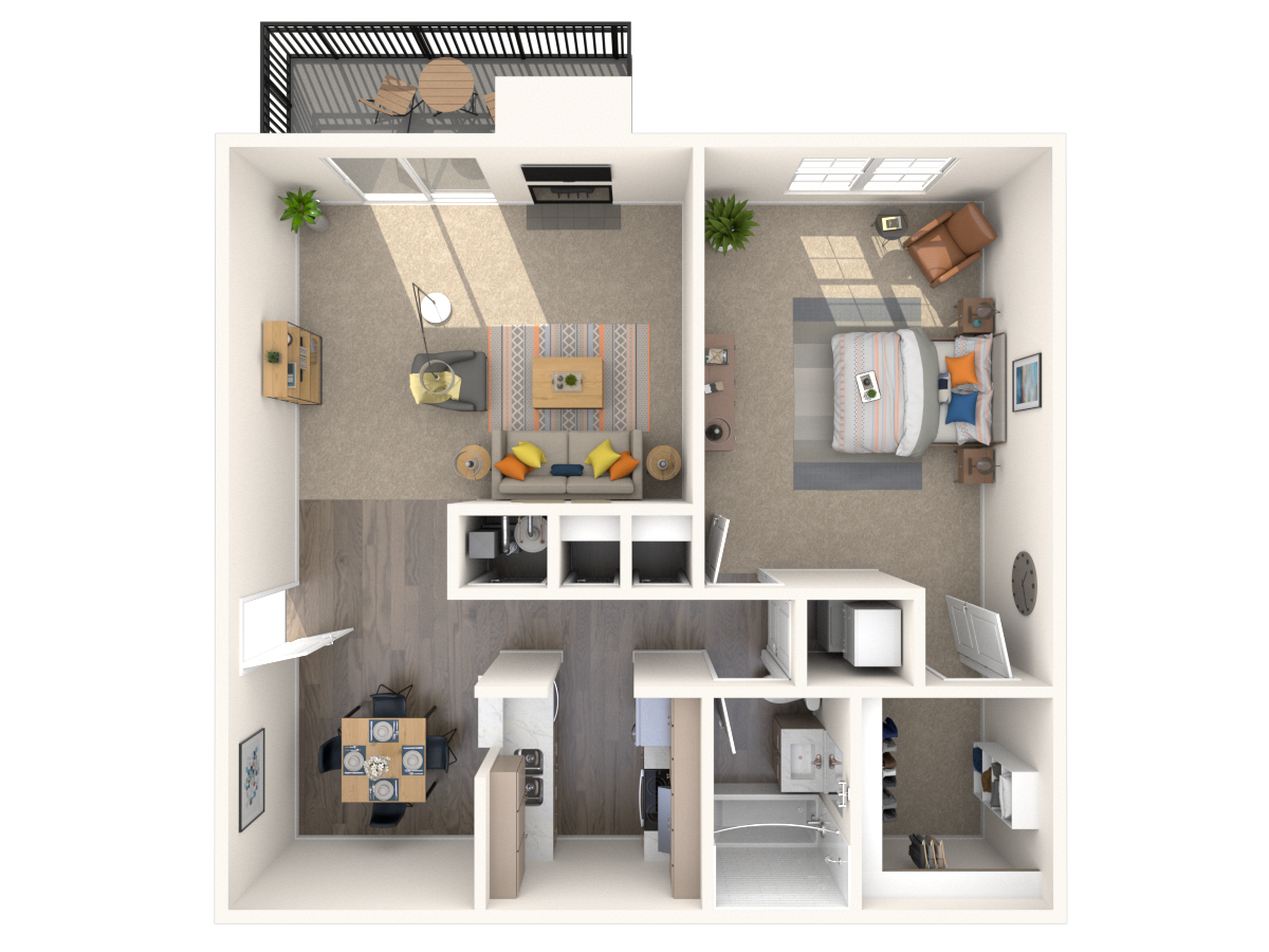 Floor plan for 1 bed, 1 bath, 765 sqft